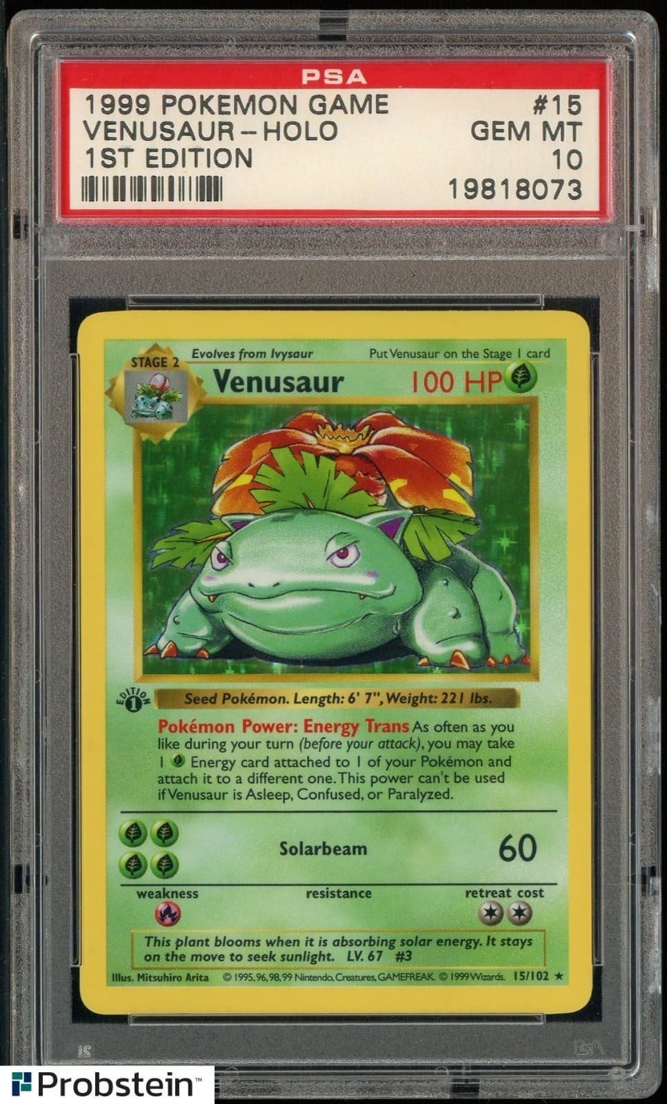 1999 Pokemon Game 1st Edition Shadowless #15 Venusaur Holo PSA 10 GEM MINT