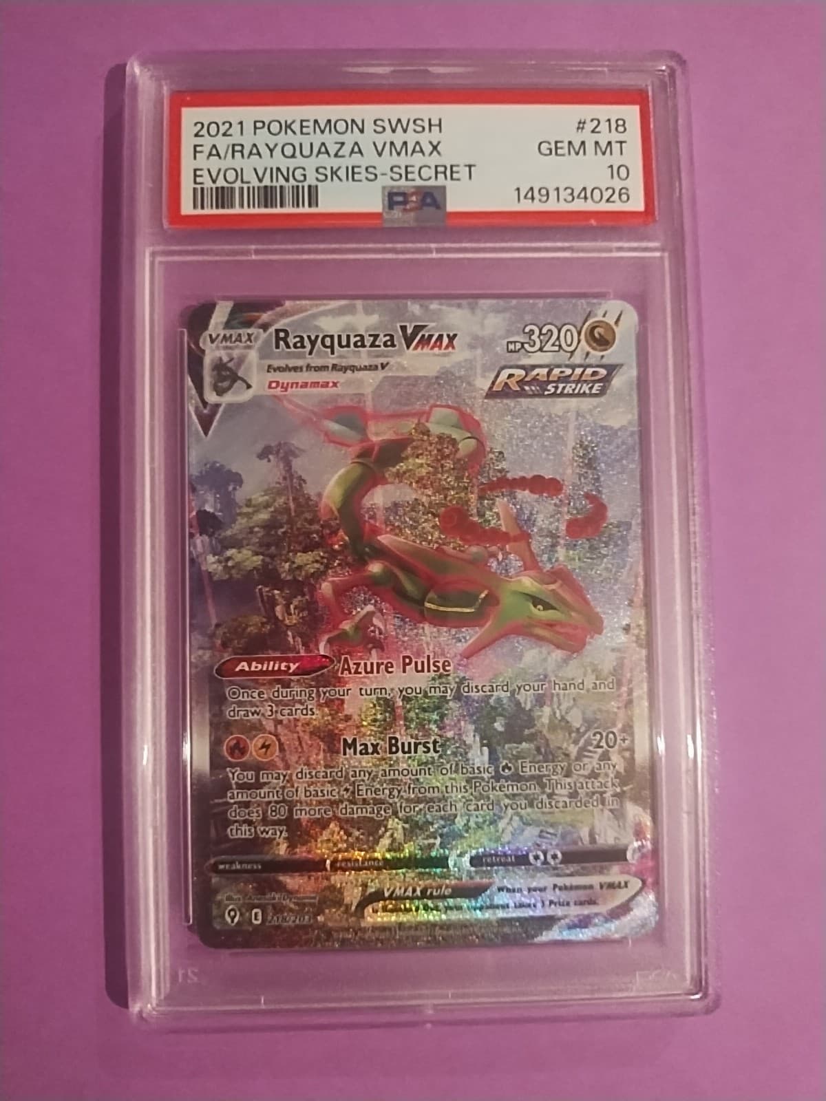 2021 Pokemon SWSH #218 FA Rayquaza VMAX Evolving Skies SEC Rare PSA 10 Gem MT