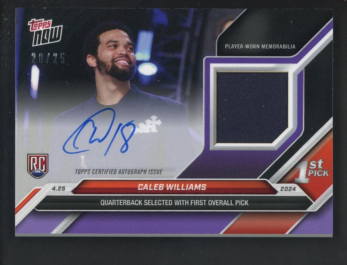 2024 Topps Now Purple Caleb Williams RPA RC Rookie Patch AUTO 20/25