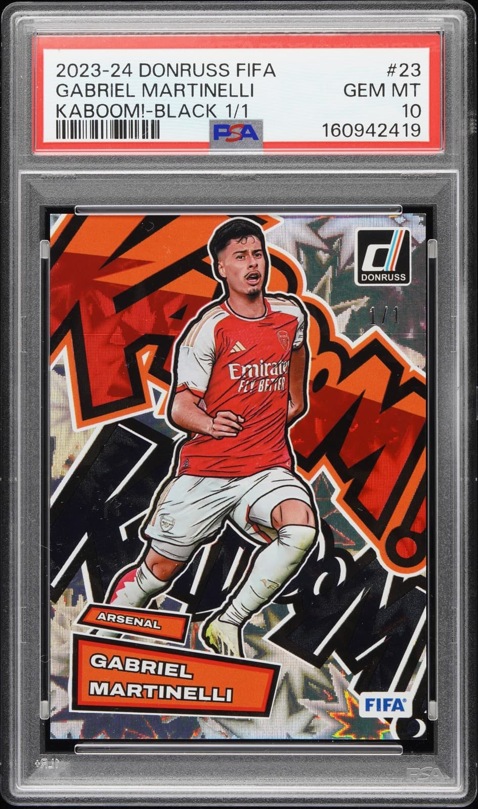 2023-24 PANINI DONRUSS FIFA KABOOM! BLACK 1/1 #23 GABRIEL MARTINELLI 1/1 PSA 10