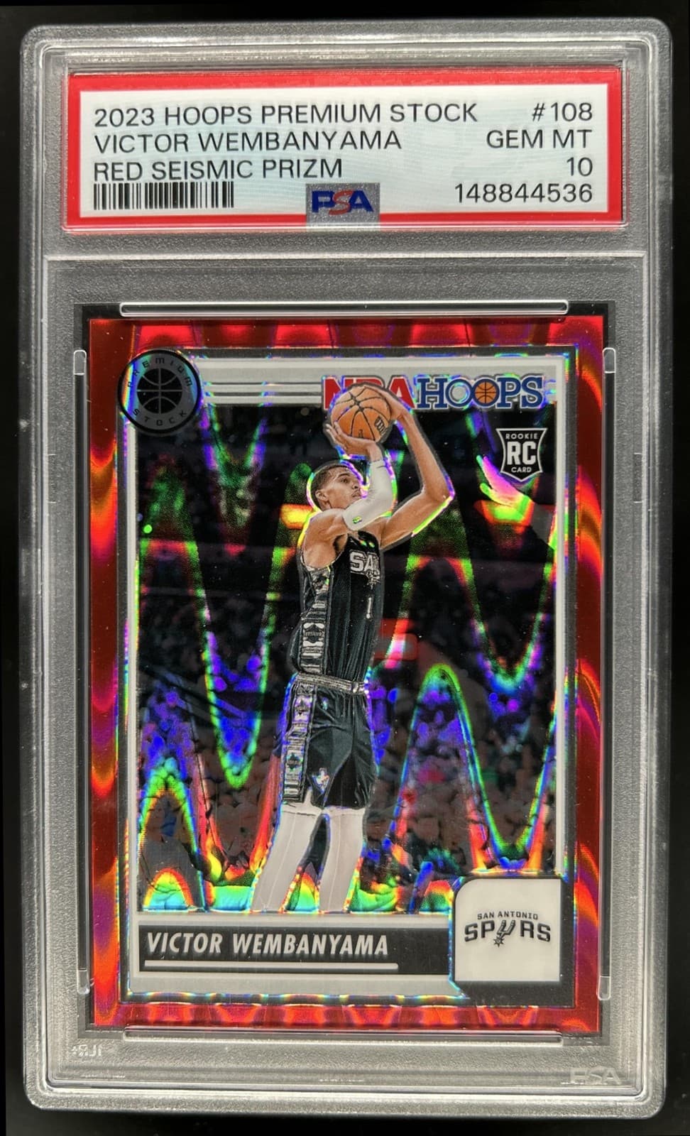 2023-24 Hoops Premium Stock Victor Wembanyama Red Seismic Prizm #/199 PSA 10