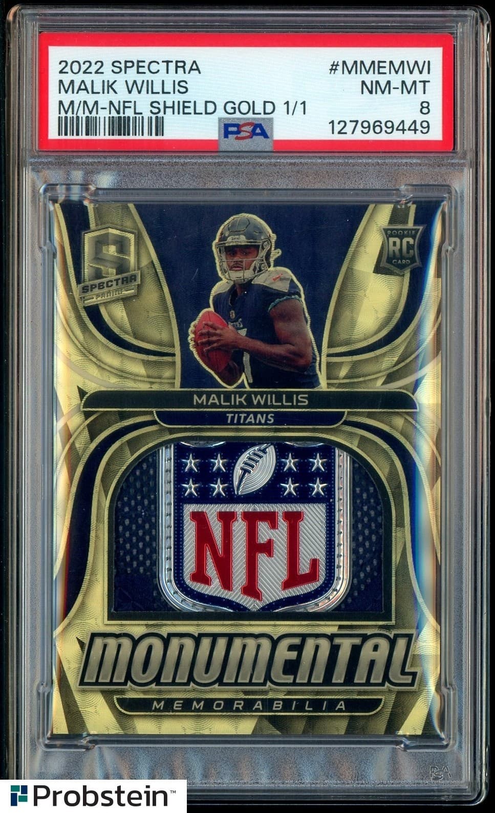 2022 Spectra Monumental Gold Vinyl Malik Willis RC NFL Shield Patch 1/1 PSA 8