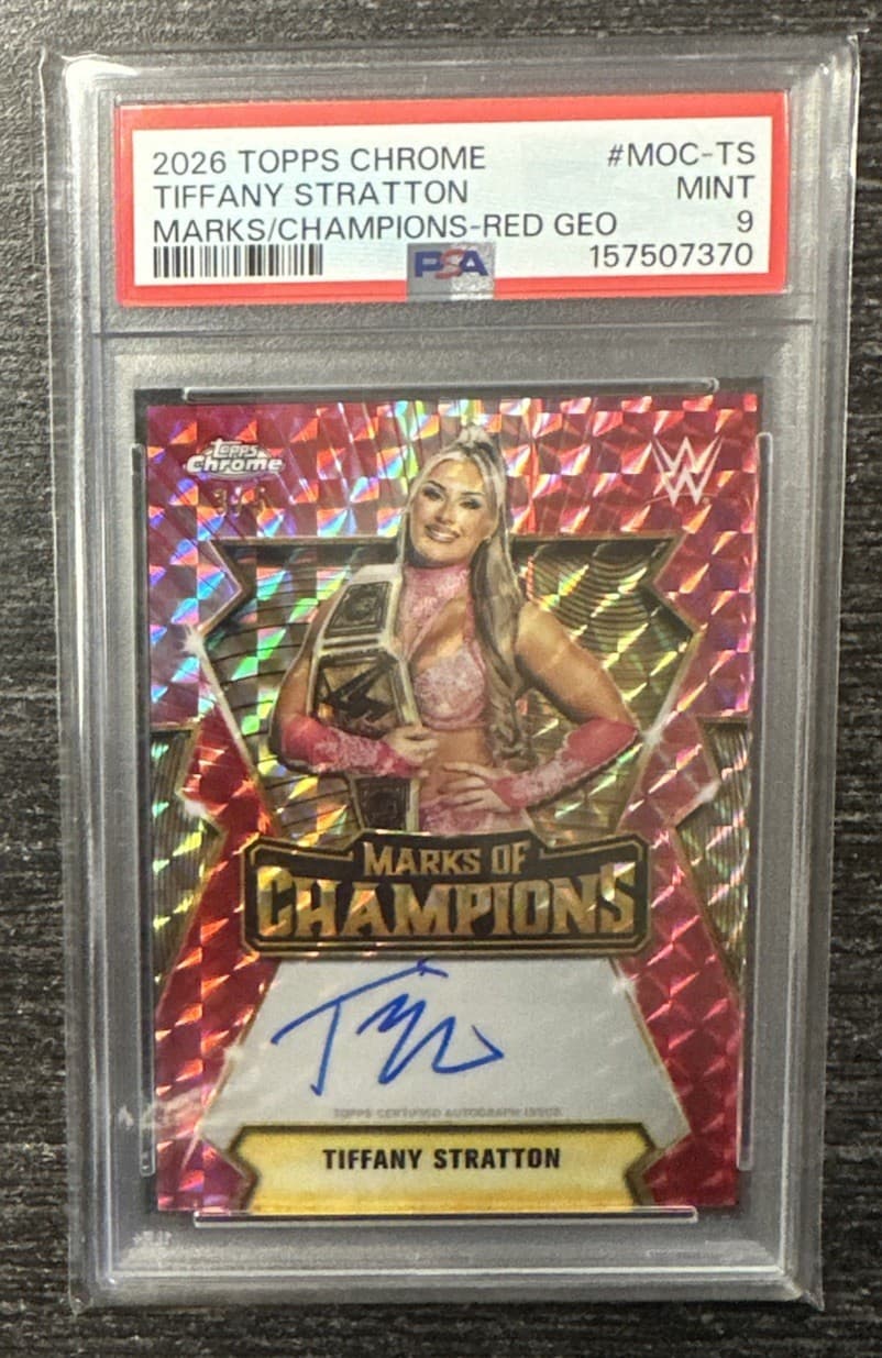 TIFFANY STRATTON - 2026 Topps Chrome WWE RED GEO On Card AUTO 3/5 SSP - PSA 9 MT