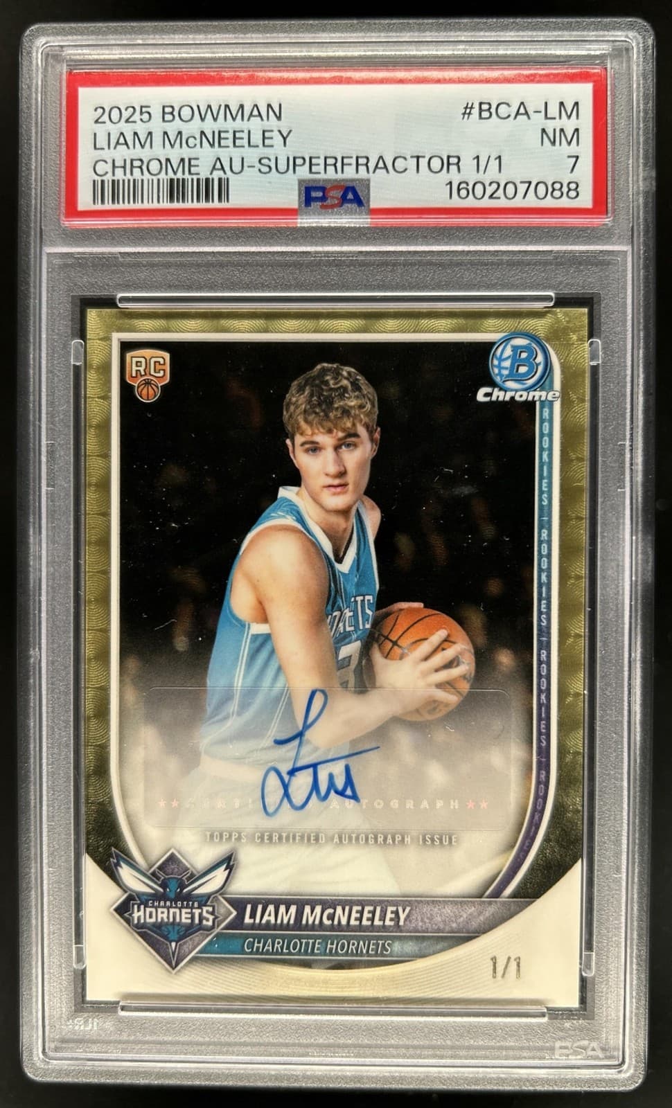 2025-26 Bowman Liam McNeeley Chrome Auto SuperFractor RC #1/1 Hornets PSA 7