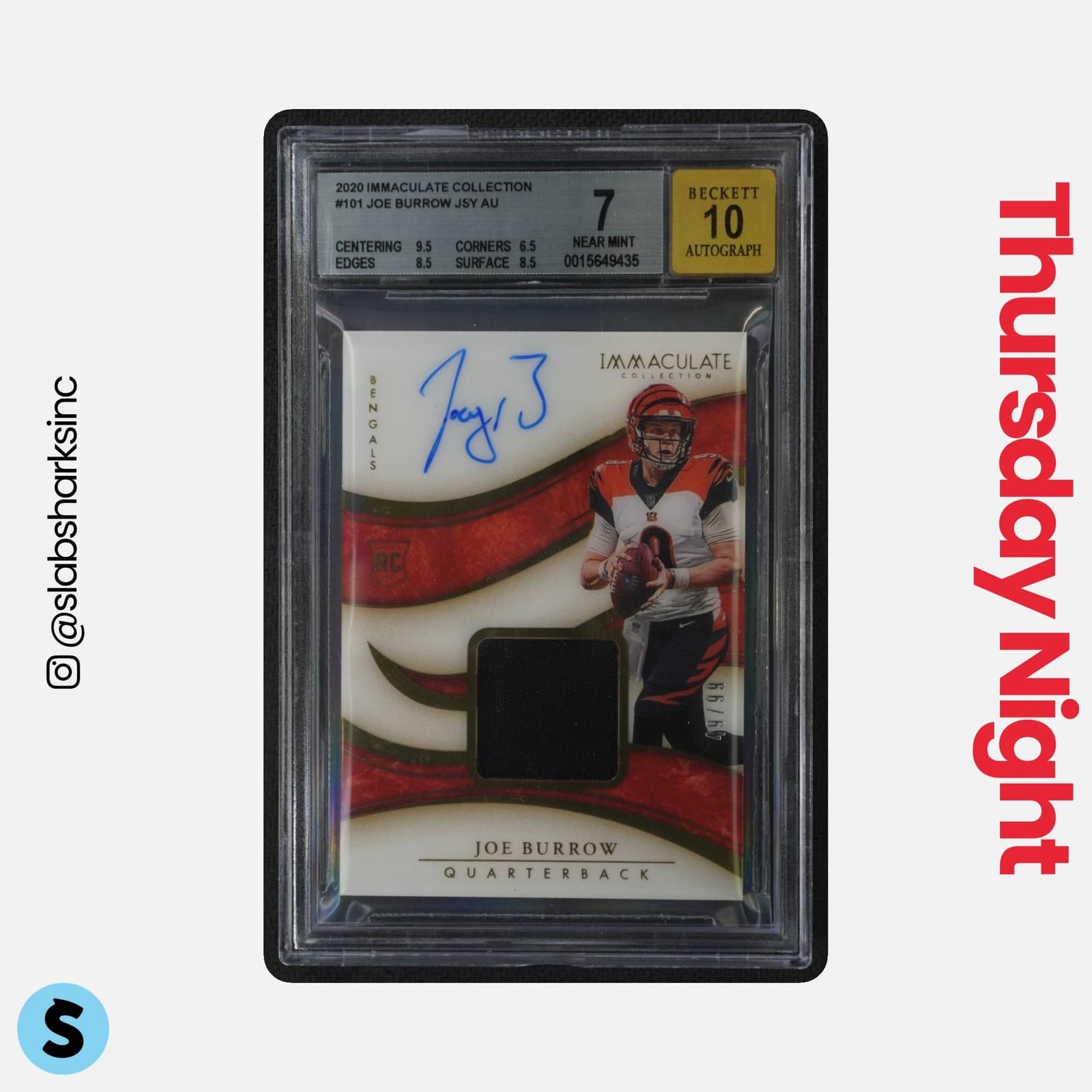 2020 Panini Immaculate Collection #101 Joe Burrow Patch Auto Rc Rookie /99 Bgs 7