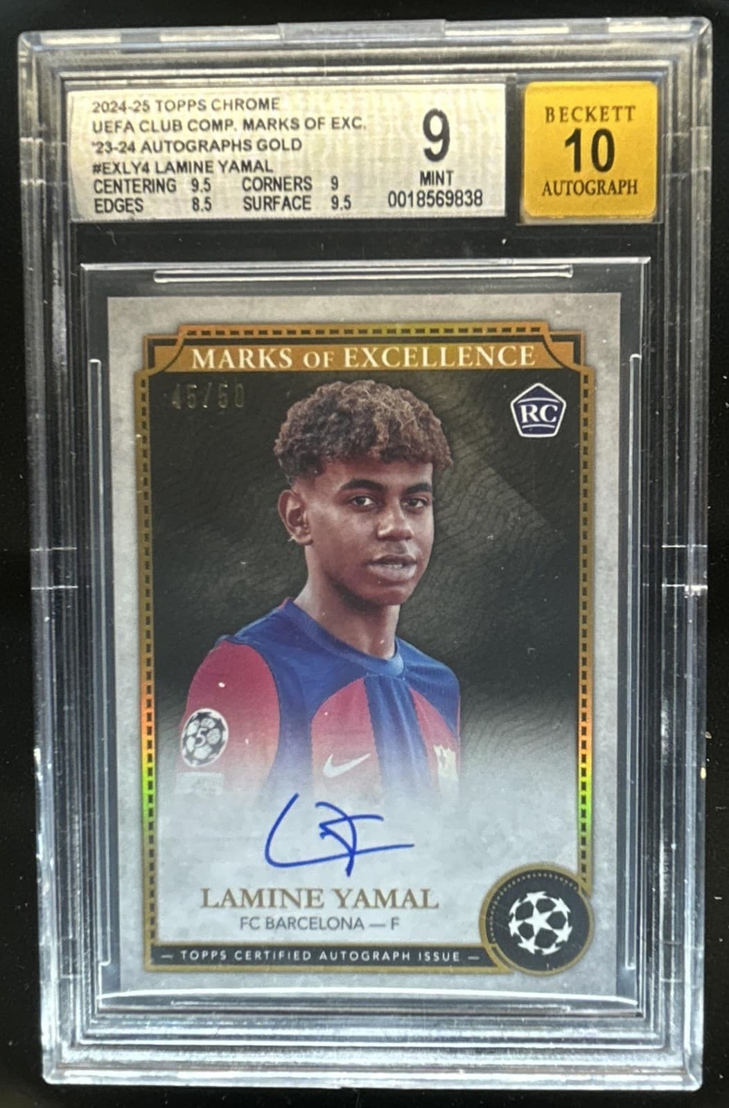 2024-25 Topps Chrome Lamine Yamal Marks Excellence Auto RC Gold Foil #/50 BGS 9