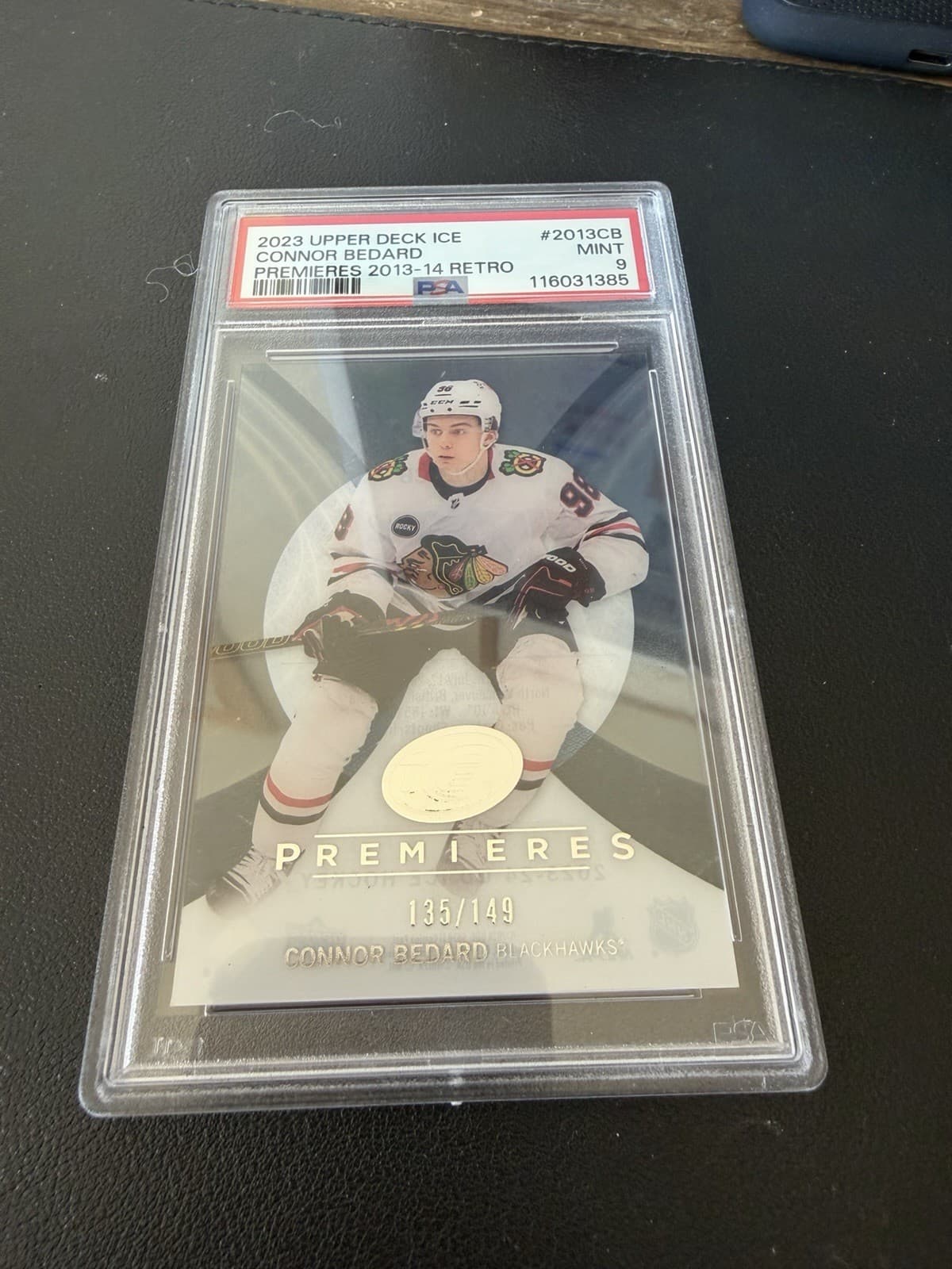 2023-24 upper deck ice connor bedard ice premieres 2013 retro rookie /149 psa 9