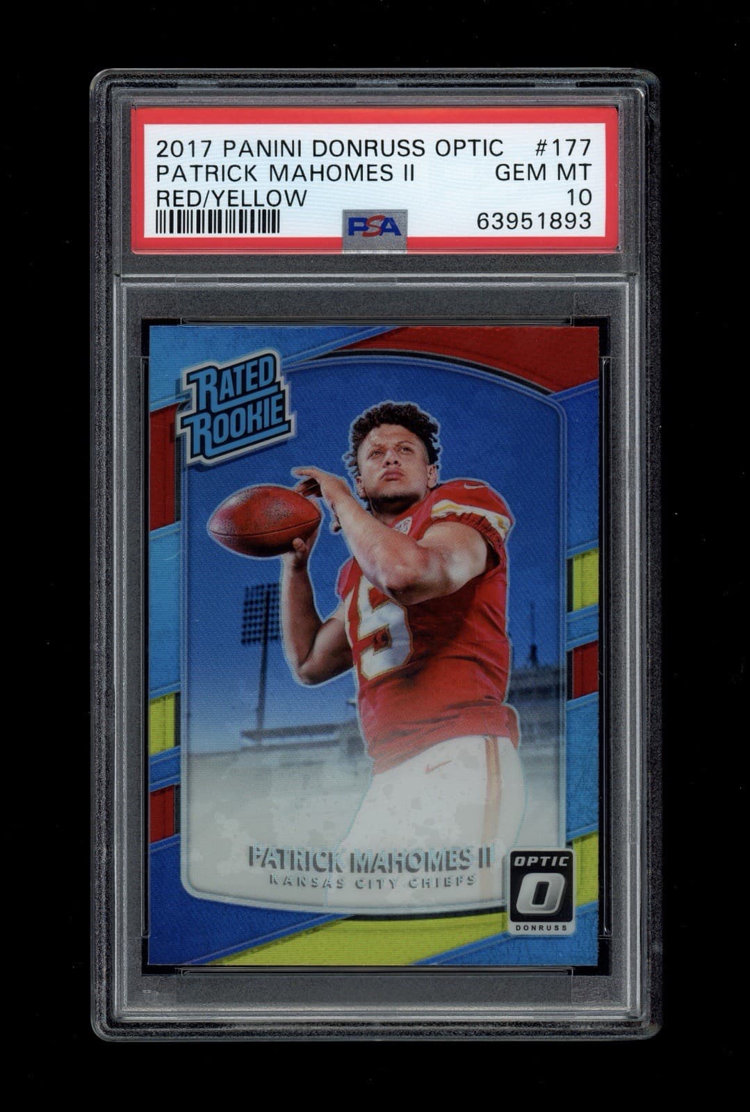 2017 Panini Optic Patrick Mahomes #117 Rated Rookie Red/Yellow Parallel PSA 10