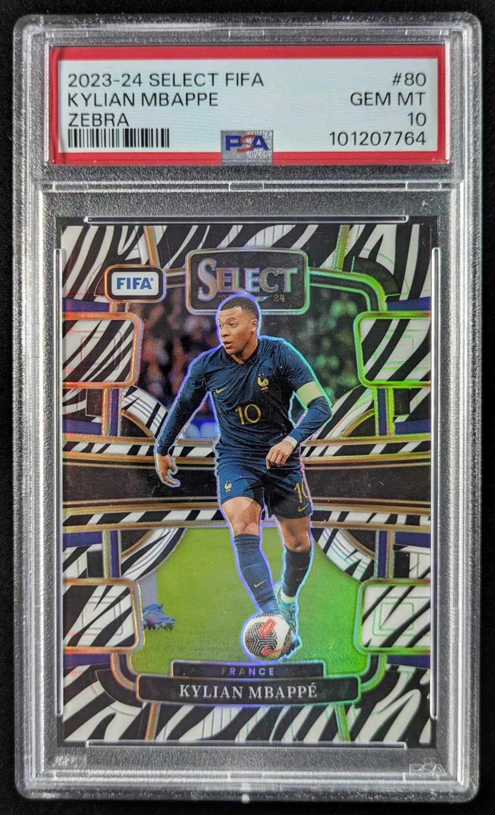 2023-24 Panini Select FIFA KYLIAN MBAPPE 13/25 Zebra Prizm Terrace #80 PSA 10