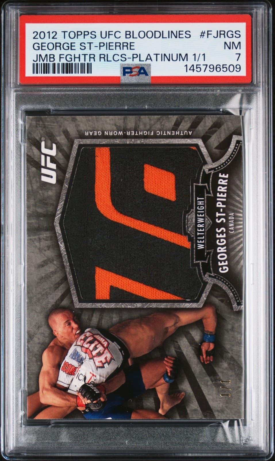 2012 TOPPS UFC BLOODLINES JUMBO FIGHTER RELICS #FJRGS GEORGE ST-PIERRE 1/1 PSA 7
