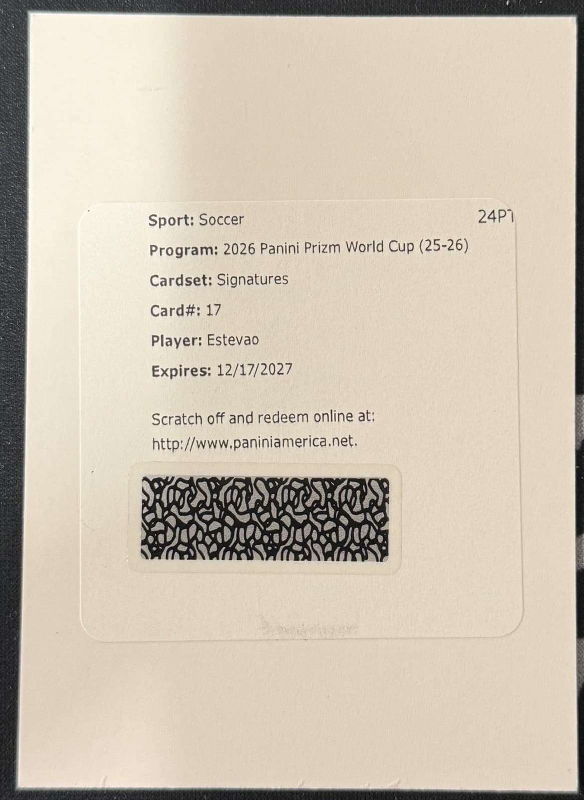 Estevao 2026 Panini Prizm FIFA World Cup Signatures Silver Redemption Auto 