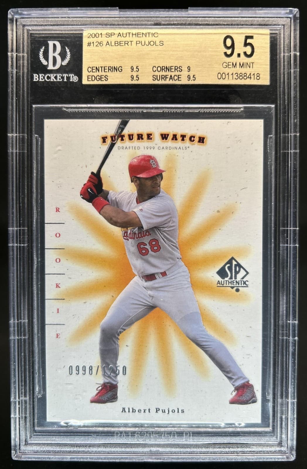 2001 SP Authentic Albert Pujols Rookie RC Future Watch #/1250 Cardinals BGS 9.5
