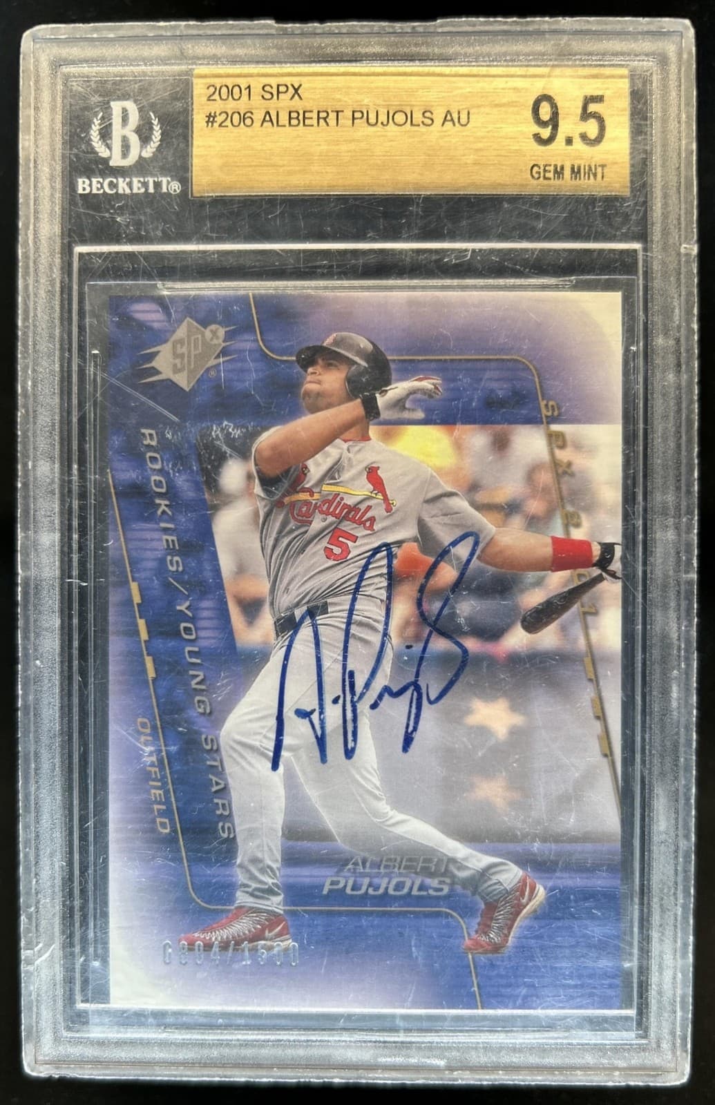 2001 Upper Deck Rookie Update Albert Pujols SPx RC Auto #/1500 Cardinals BGS 9.5