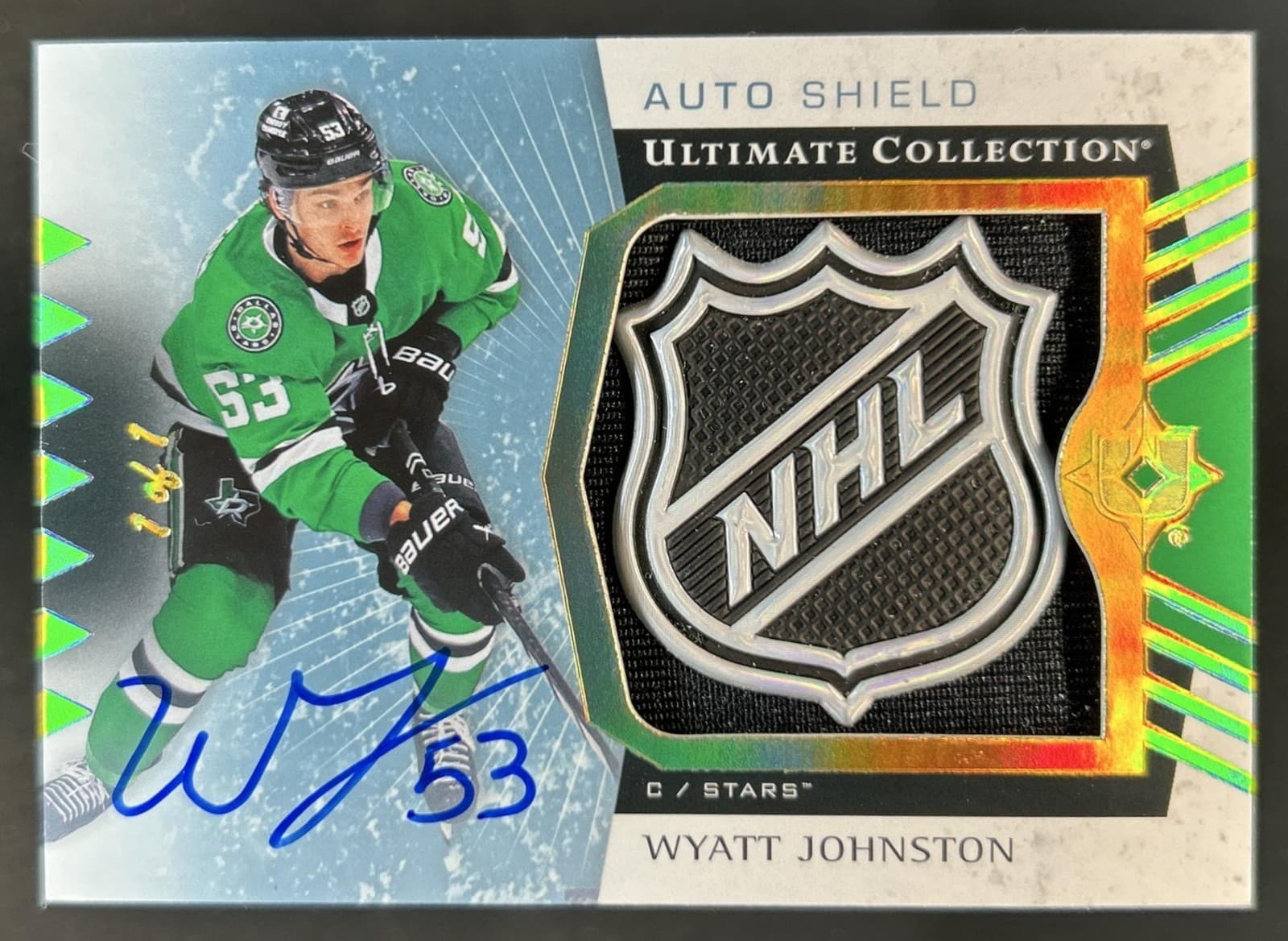 2025-26 Upper Deck Ultimate Wyatt Johnston Jumbo Patch Auto Shield #1/1
