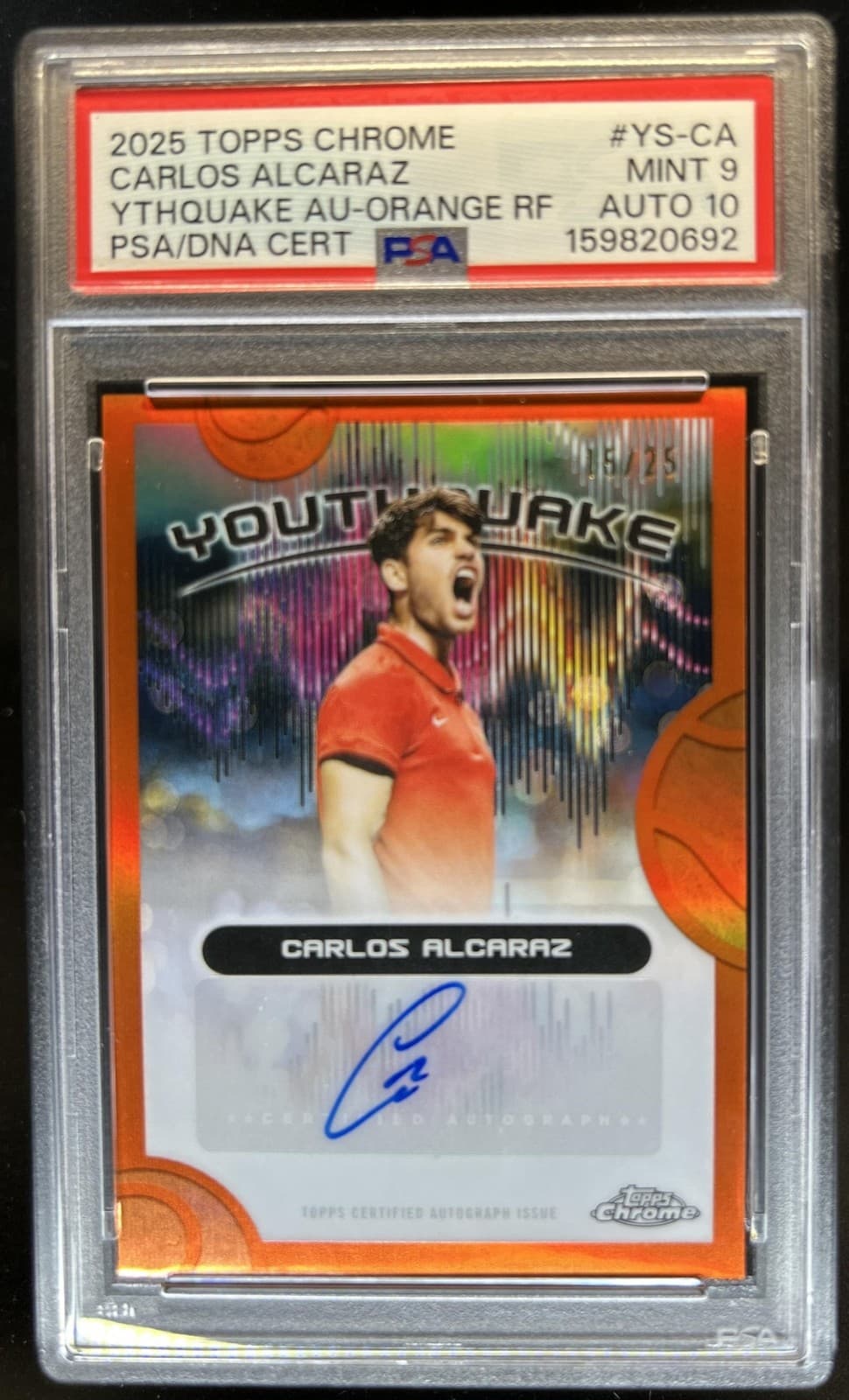 2025 Topps Chrome Carlos Alcaraz Youthquake Signatures Orange Auto #/25 PSA 9/10