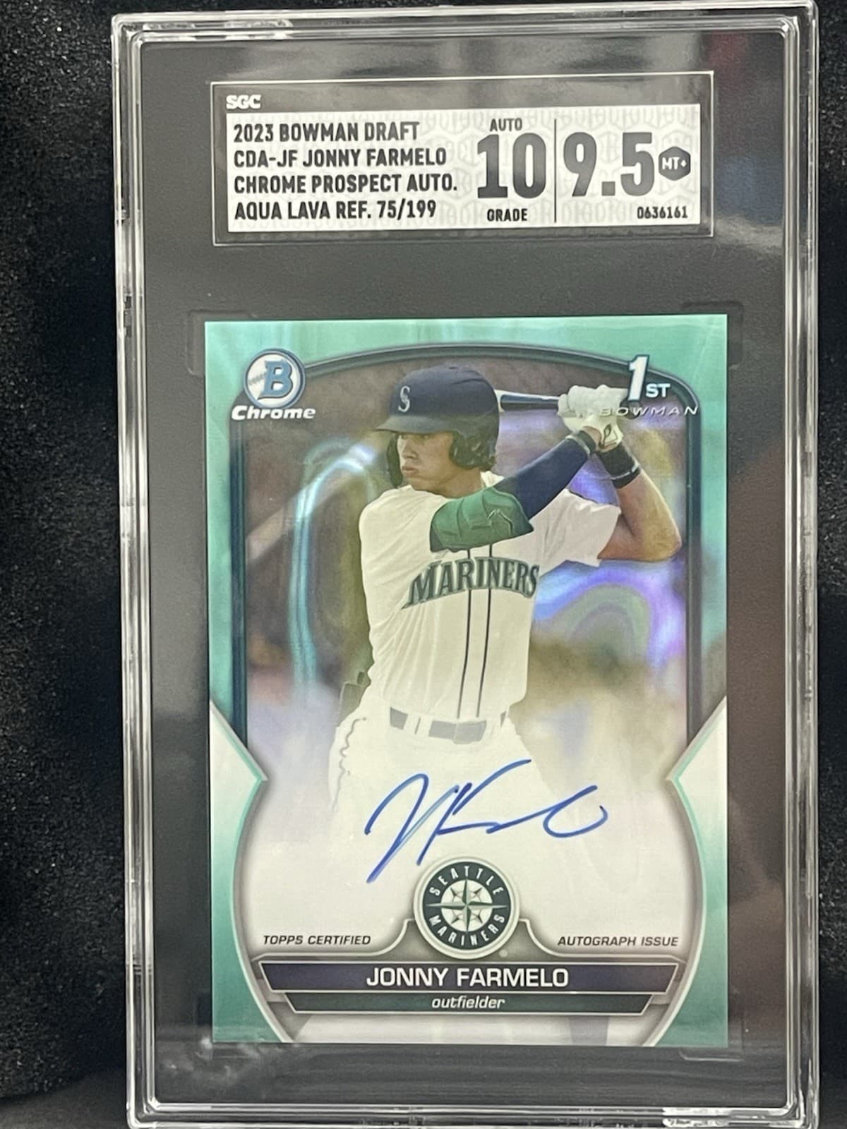 JONNY FARMELO 2023 BOWMAN CHROME 1ST AQUA LAVA REFRACTOR AUTO /199 SGC 9.5/10