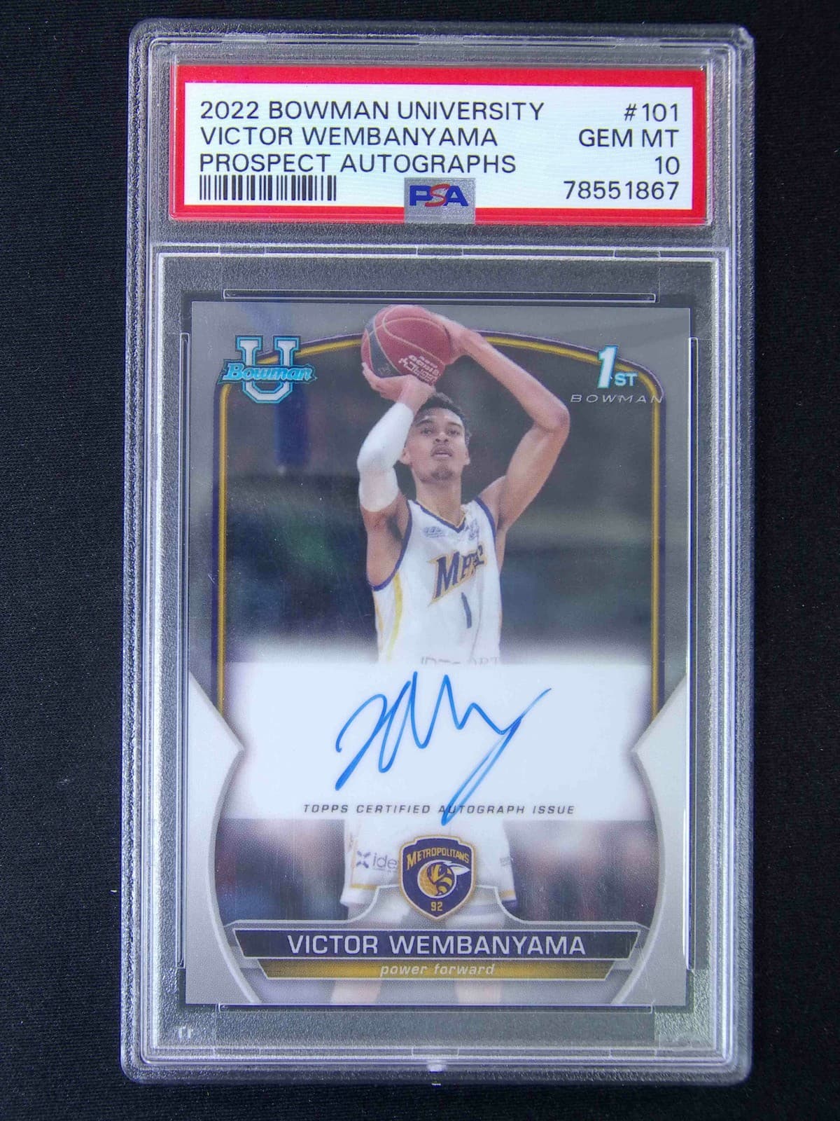 2022-23 Topps Bowman University Victor Wembanyama #101 1st Prospect Auto PSA 10