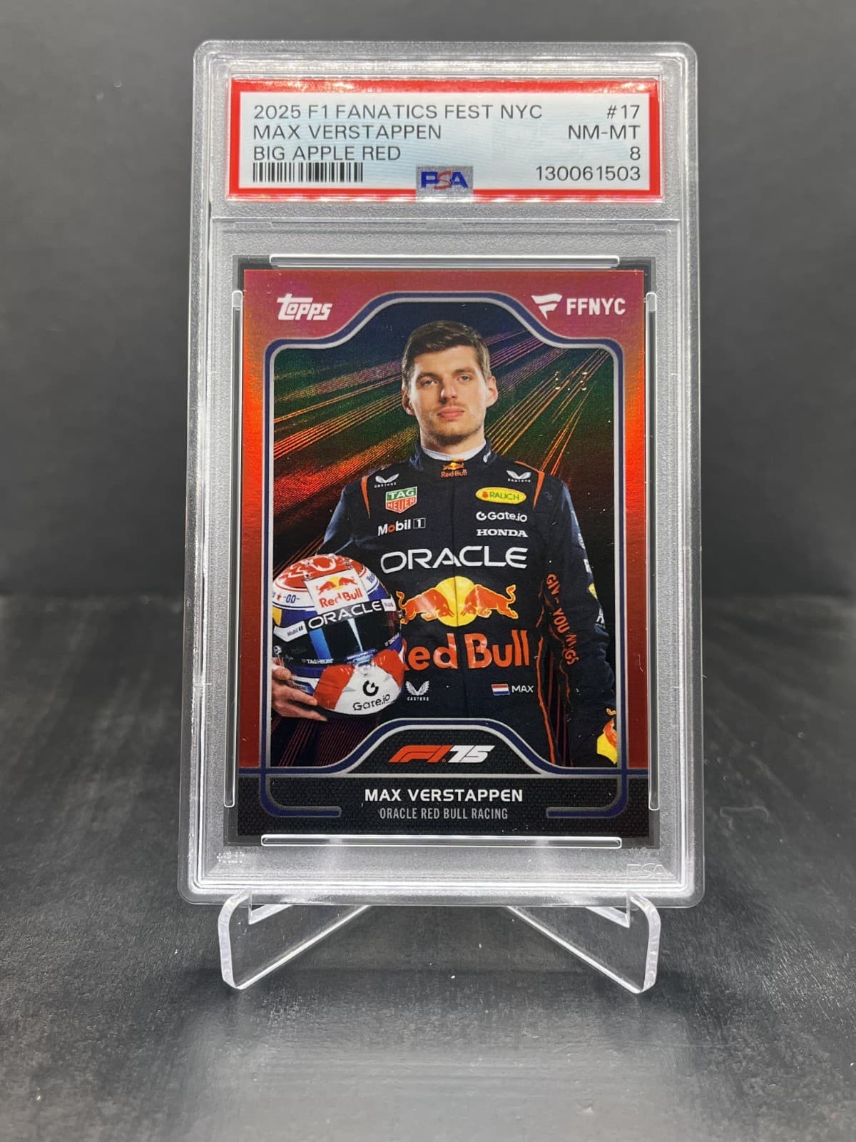 2025 Topps Fanatics Fest NYC F1 Max Verstappen Big Apple Red 3/5 PSA 8 #17