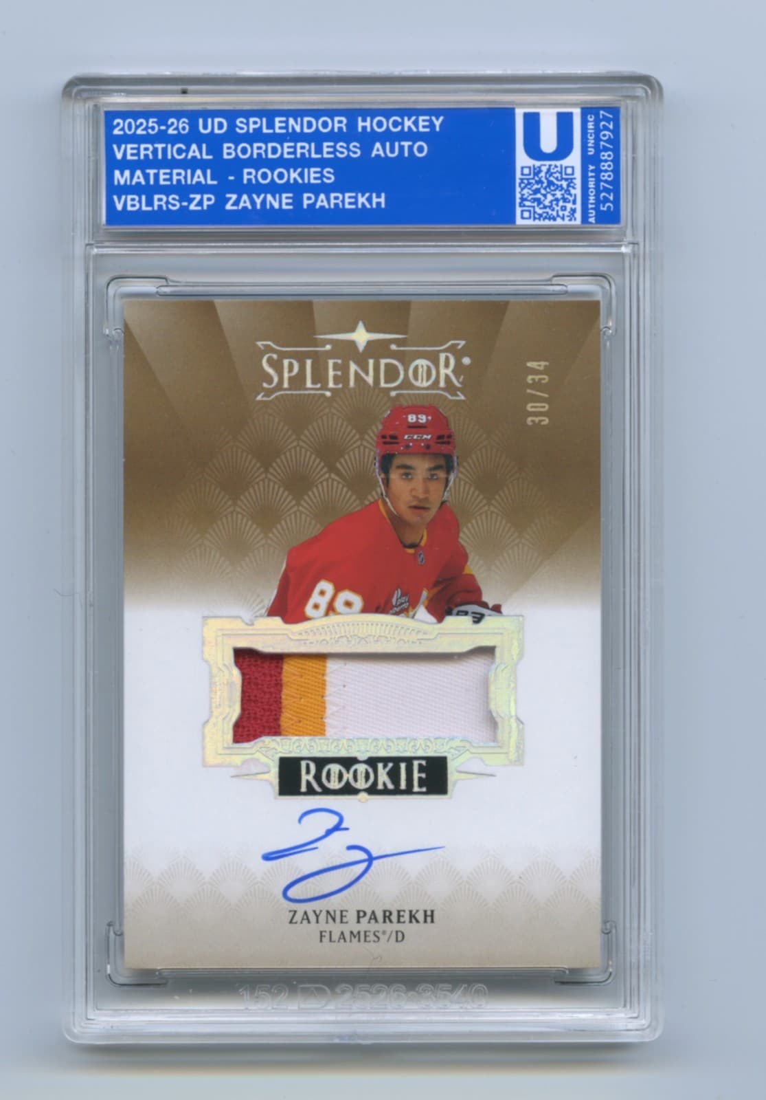 2025-26 UD Splendor Hockey ZAYNE PAREKH 3 COLOR PATCH AUTO 30/34 BORDERLESS RC