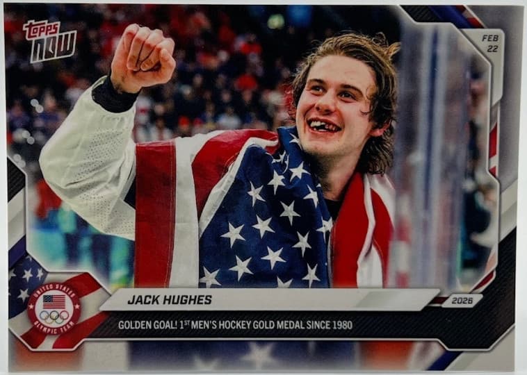 2026 Topps Now Olympics #18-SSP Jack Hughes Golden Goal Team USA Photo Variation