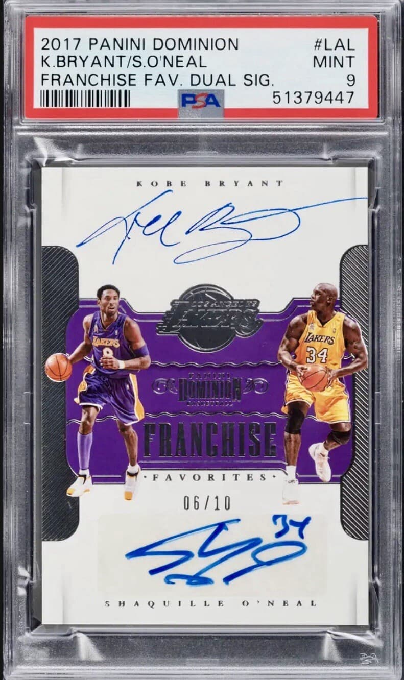 2017 Panini Kobe Bryant/Shaquille O’Neal /10 Dual Auto #LLA Card. PSA 9 MT POP 1
