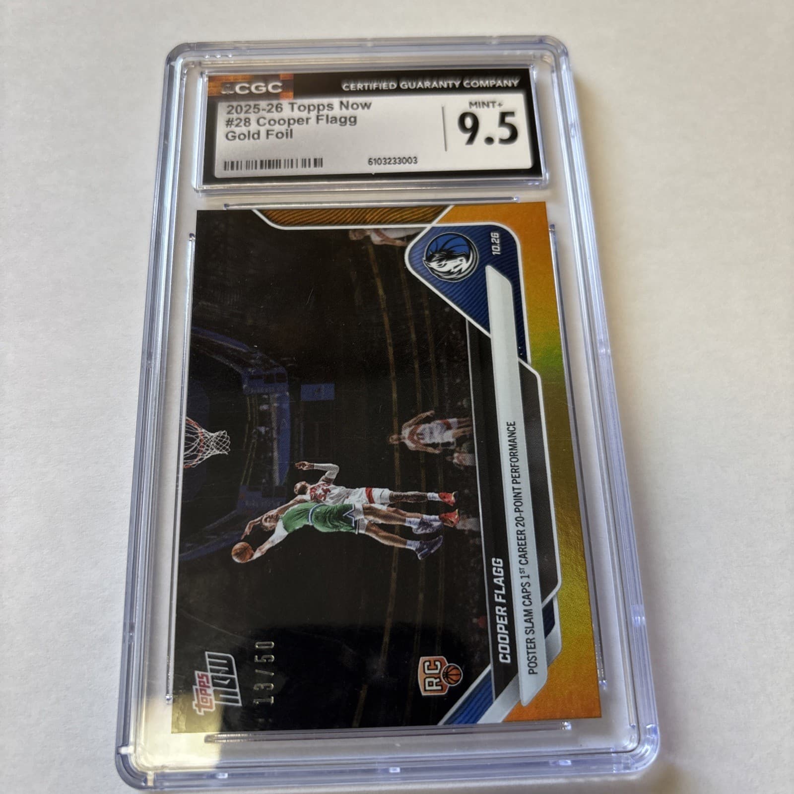 2025-2026 Topps Now Cooper Flagg Gold Foil /50 Rookie Card 