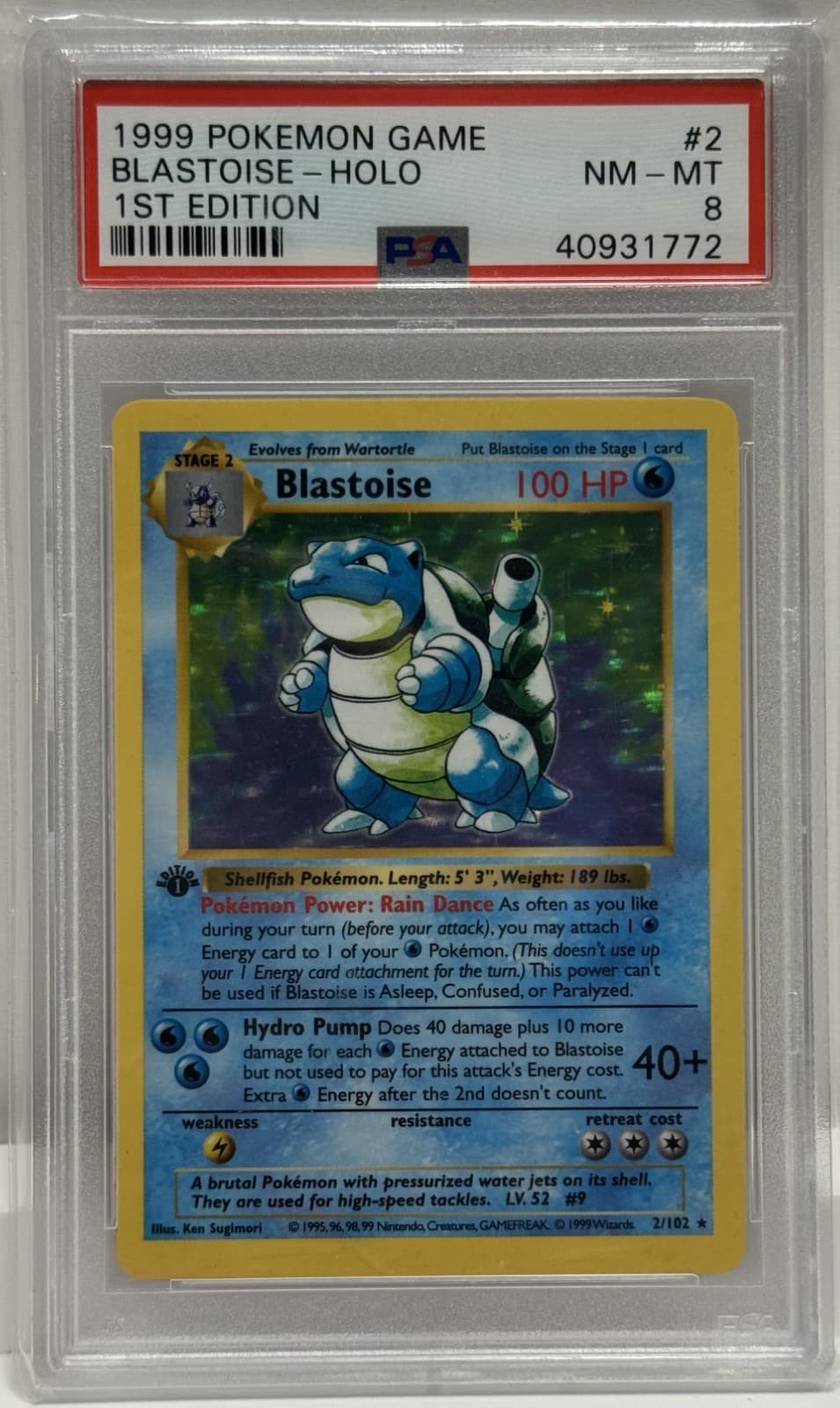 1999 POKEMON GAME 1ST ED #2 BLASTOISE-HOLO PSA 8
