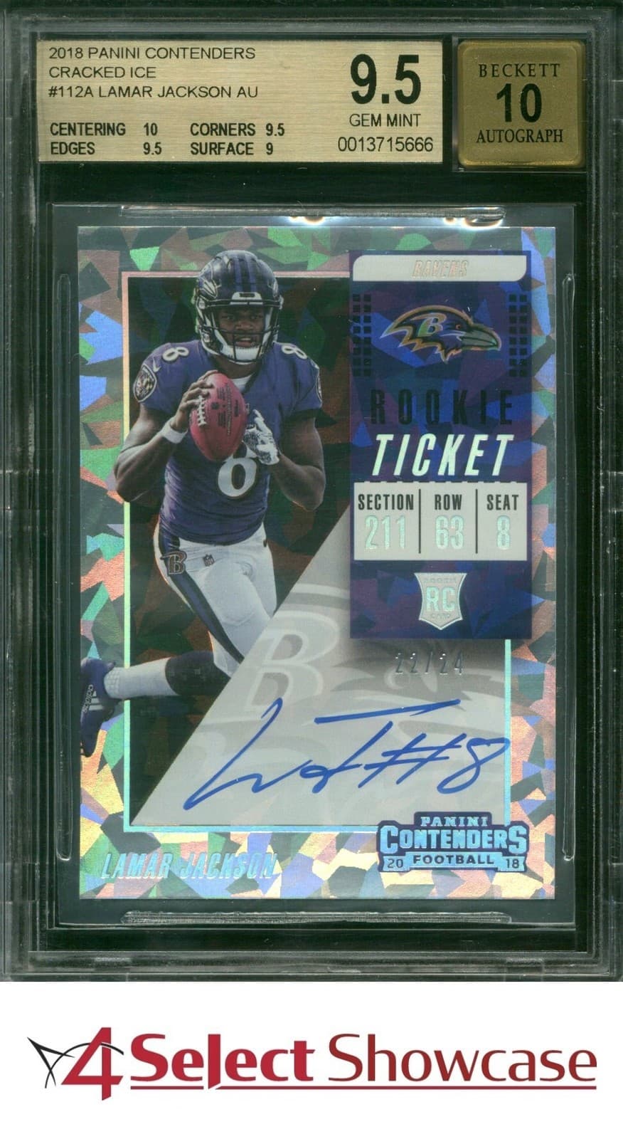 2018 CONTENDERS AUTO CRACKED ICE #112A LAMAR JACKSON RC #/24 BGS 9.5 AUTO 10