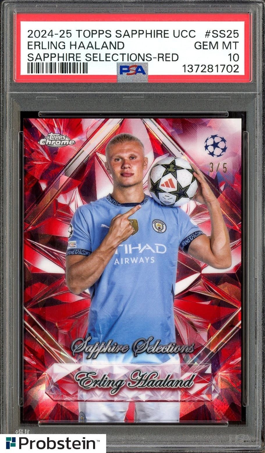 2024-25 Topps Chrome Sapphire Selections Red Soccer Erling Haaland 3/5 PSA 10
