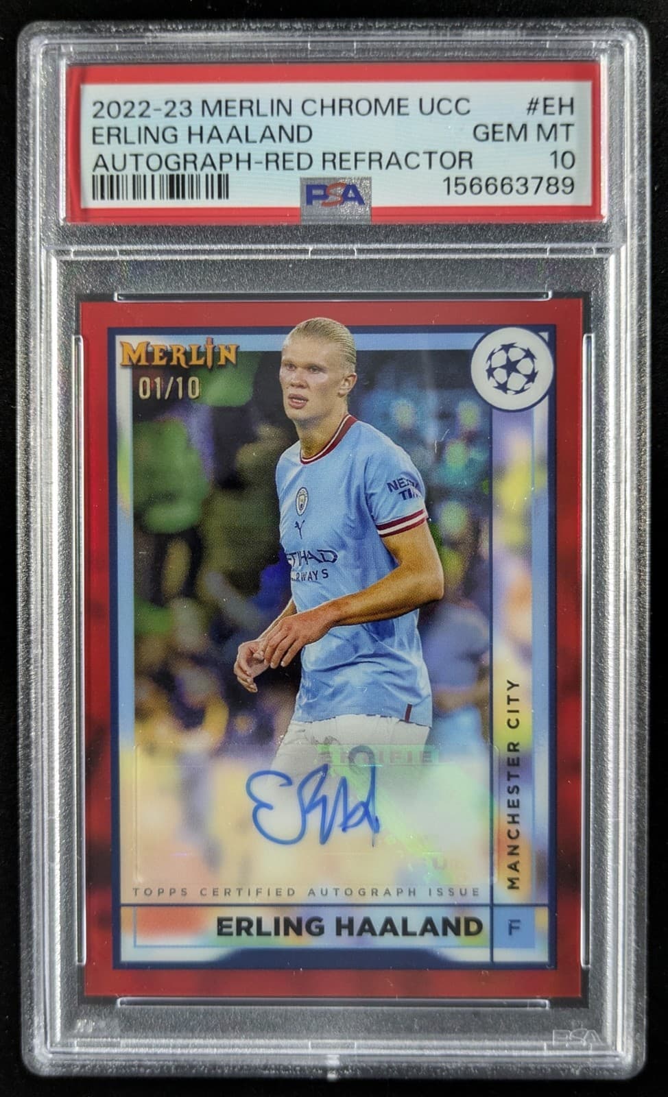 2022 Topps Merlin Chrome HAALAND 1/10 Auto True Red 1st Yr City PSA 10 POP 1