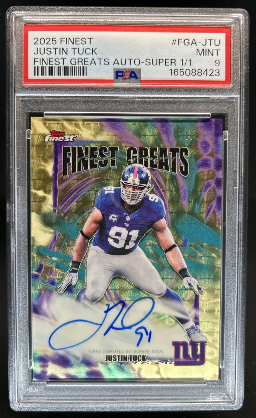 2025 Topps Finest Justin Tuck Greats Auto SuperFractor #1/1 Giants PSA 9