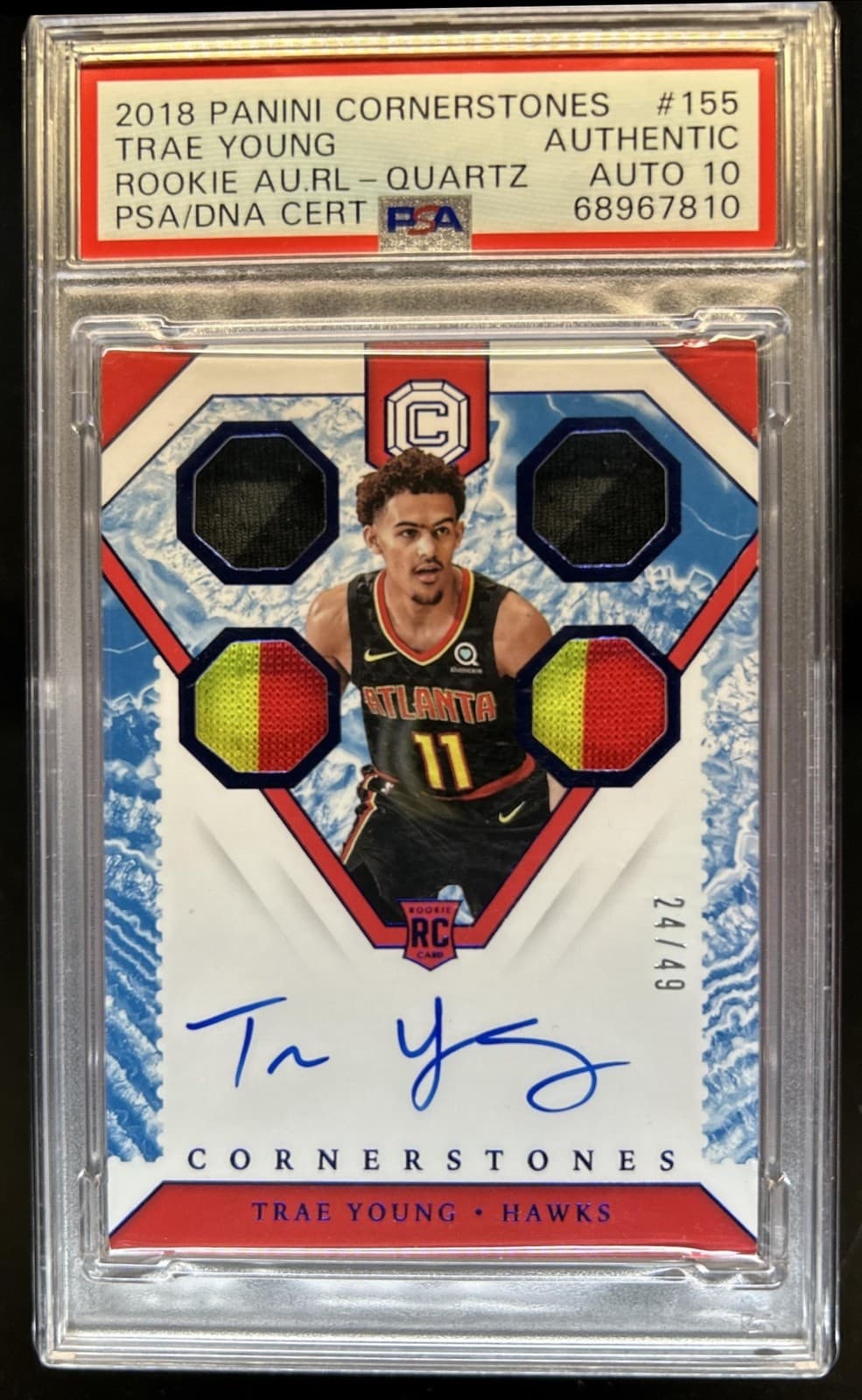 2018-19 Panini Cornerstones Trae Young RC Patch Quartz Auto #/49 Hawks PSA AUTH
