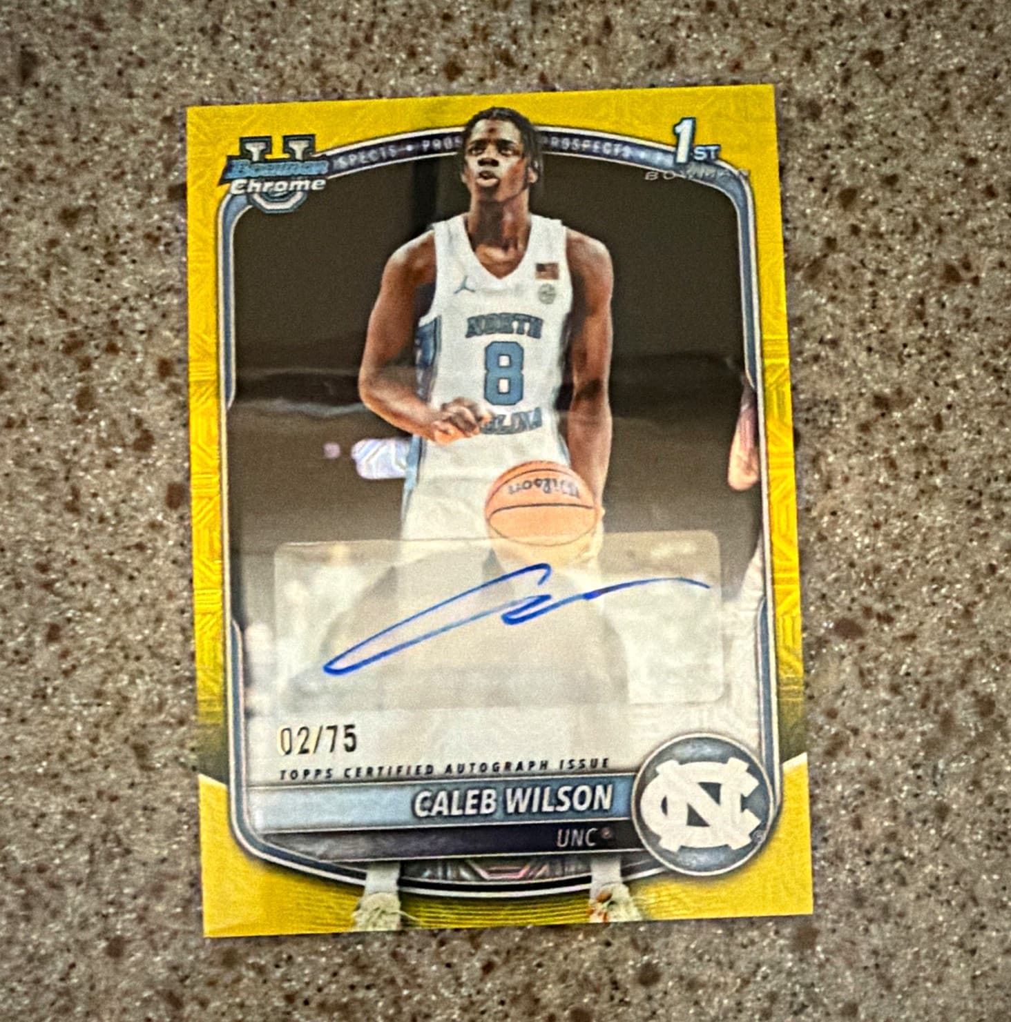 Topps 2025-26 Bowman Chrome Basketball Caleb Wilson CPA-CL Yellow Auto /75 UNC