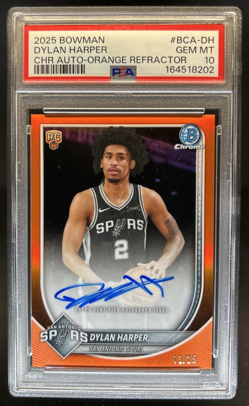 2025-26 Bowman Dylan Harper Chrome Auto Orange Refractor RC #/25 Spurs PSA 10