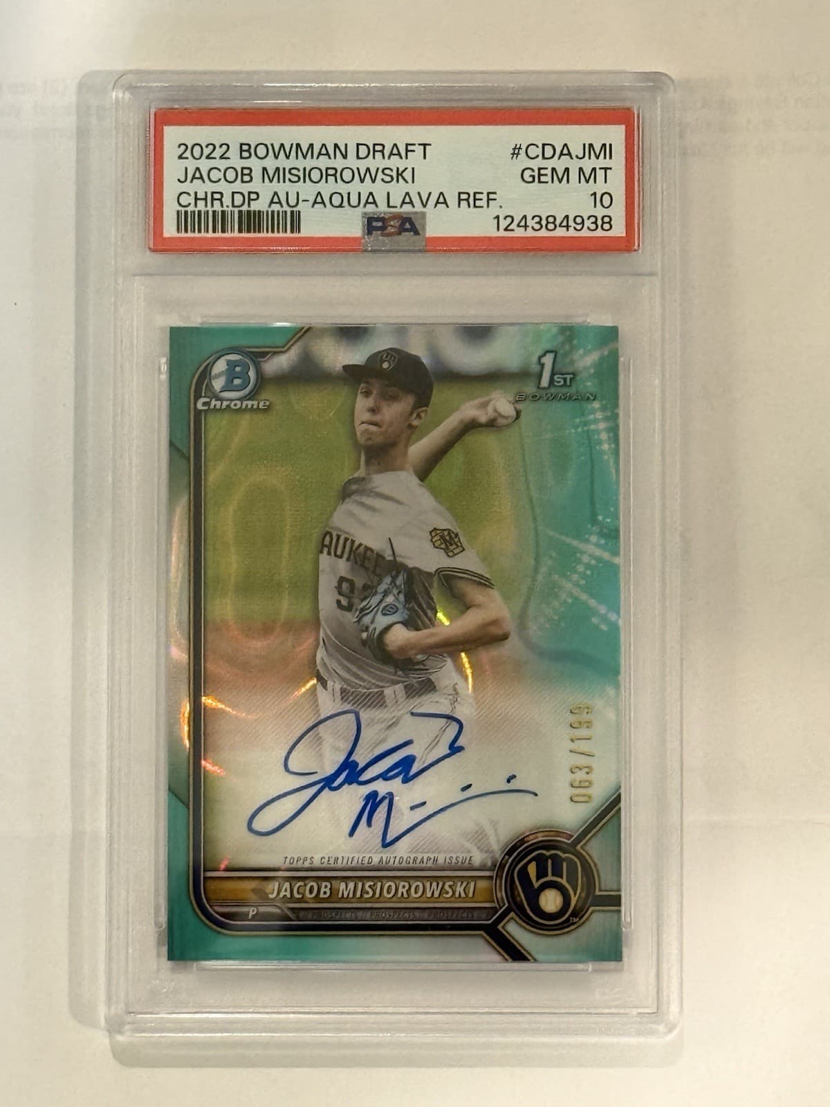 2022 Bowman Draft Jacob Misiorowski #BD-132 Aqua Lava 63/199 PSA 10 Auto 