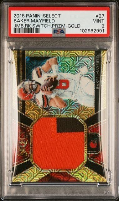 2018 Panini Select Baker Mayfield Jumbo Rookie Swatch Gold /10 PSA 9