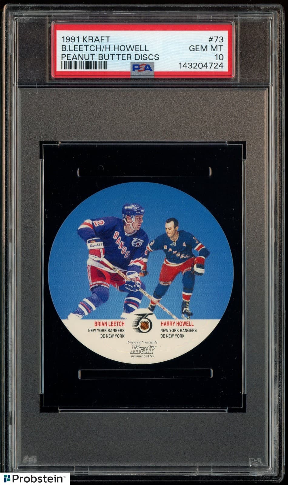 1991 Kraft Peanut Butter Discs Hockey #73 Brian Leetch Harry Howell PSA 10