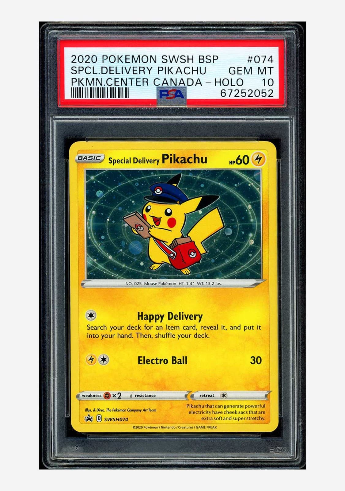 Pokemon PSA 10 Special Delivery Pikachu Holo Promo 2020 SWSH074 PC Canada ENG