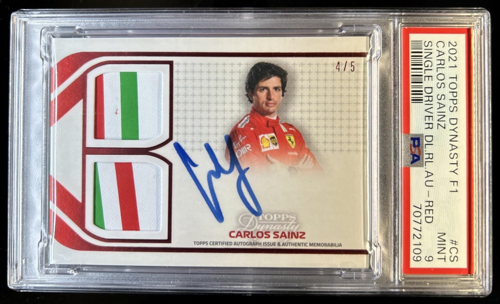 2021 Topps Dynasty F1 Carlos Sainz Single Driver Dual Relic Auto Red #/5 PSA 9