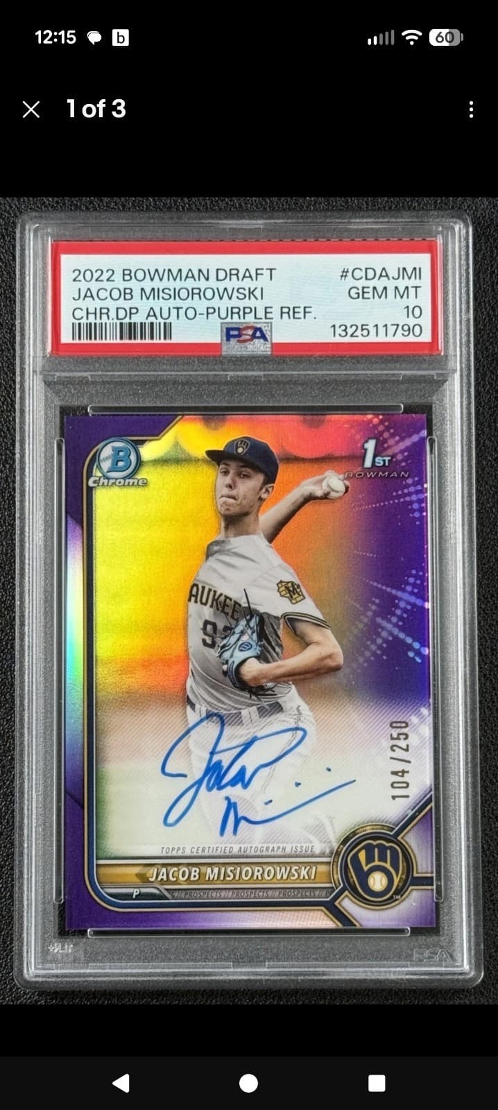JACOB MISIOROWSKI PSA 10 2022 BOWMAN DRAFT CHROME AUTO PURPLE REFRACTOR 1ST /250