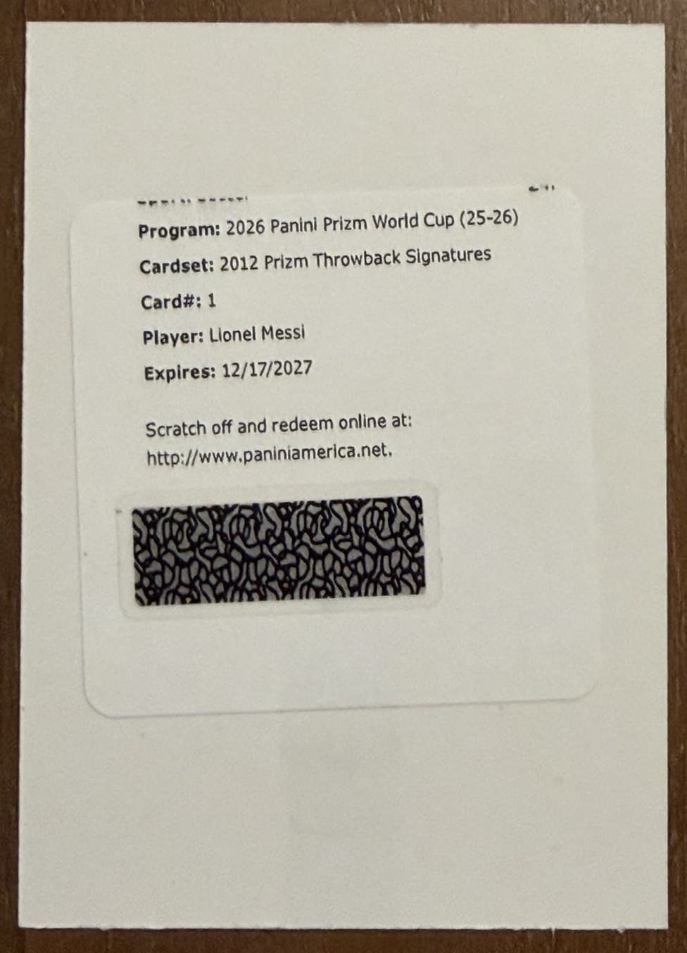 2026 Panini Prizm FIFA World Cup Lionel Messi 2012 Throwback Auto Redemption 