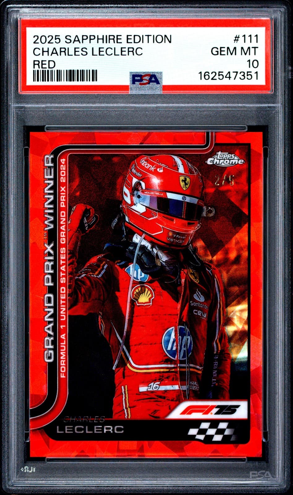 2025 Topps Chrome Formula 1 Sapphire Edition Red #111 Charles Leclerc 2/5 Psa 10