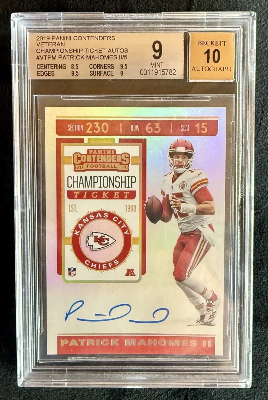 2019 Contenders Patrick Mahomes Veteran Championship Ticket Auto #1/5 BGS 9 / 10