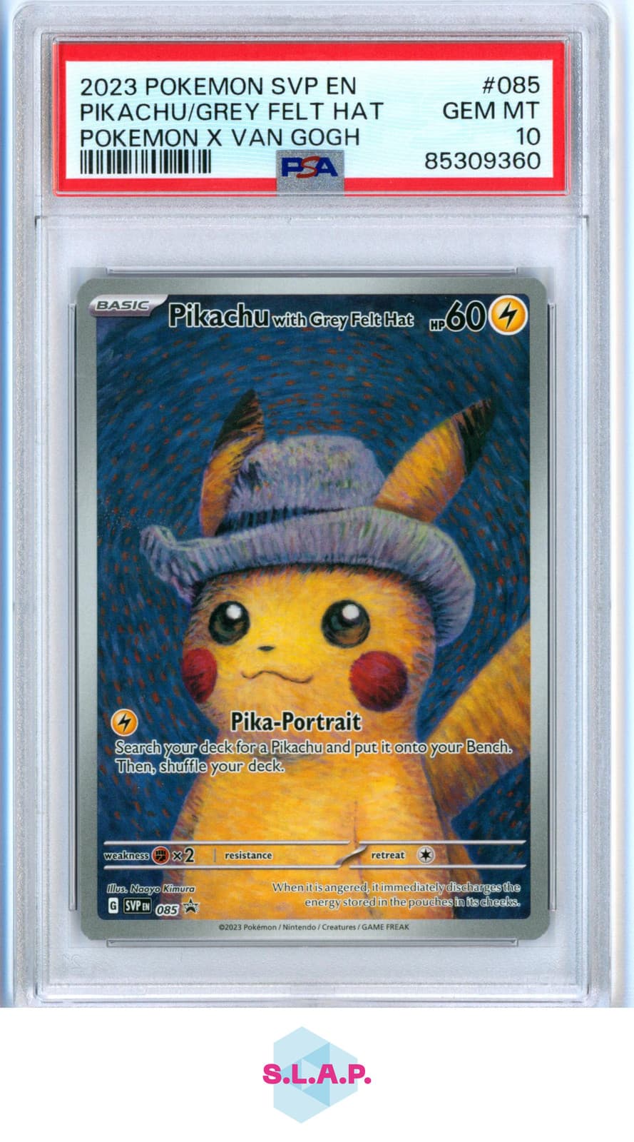 PIKACHU/GREY FELT HAT POKEMON X VAN GOGH SVP EN-SV BLCK STR PRM 2023 085 PSA 10