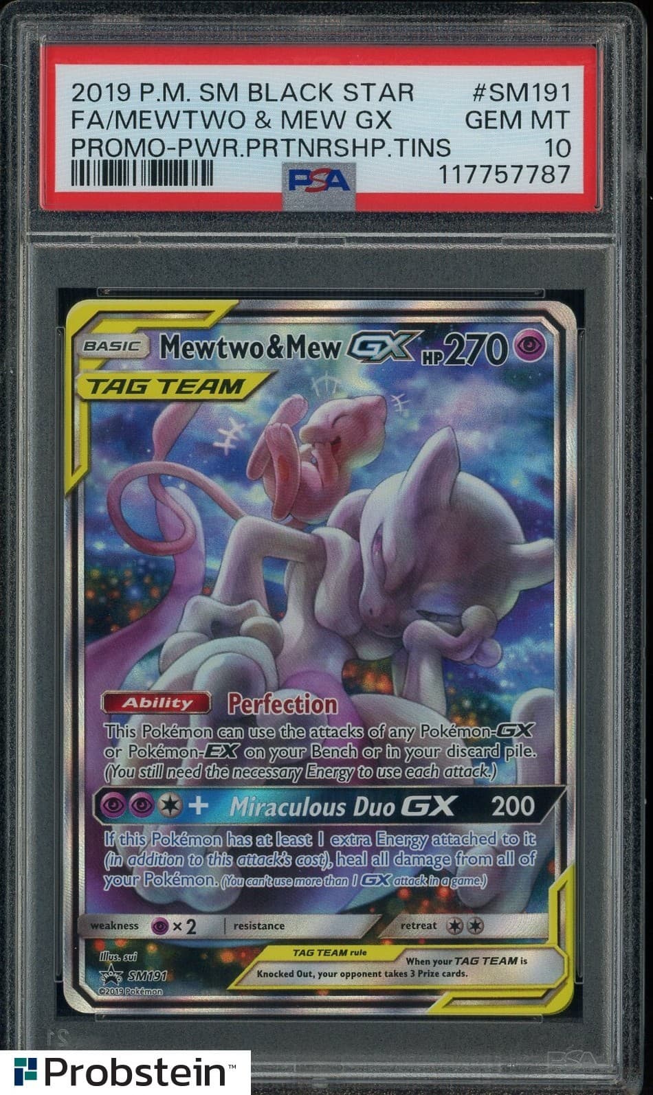 2019 Pokemon SM BSP Power Partnership Tins #SM191 FA Mewtwo & Mew GX PSA 10