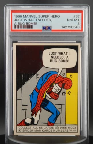 1966 DONRUSS MARVEL SUPER HEROES #37 SPIDER-MAN 'BUG BOMB' GRADED PSA 8 LOW POP!