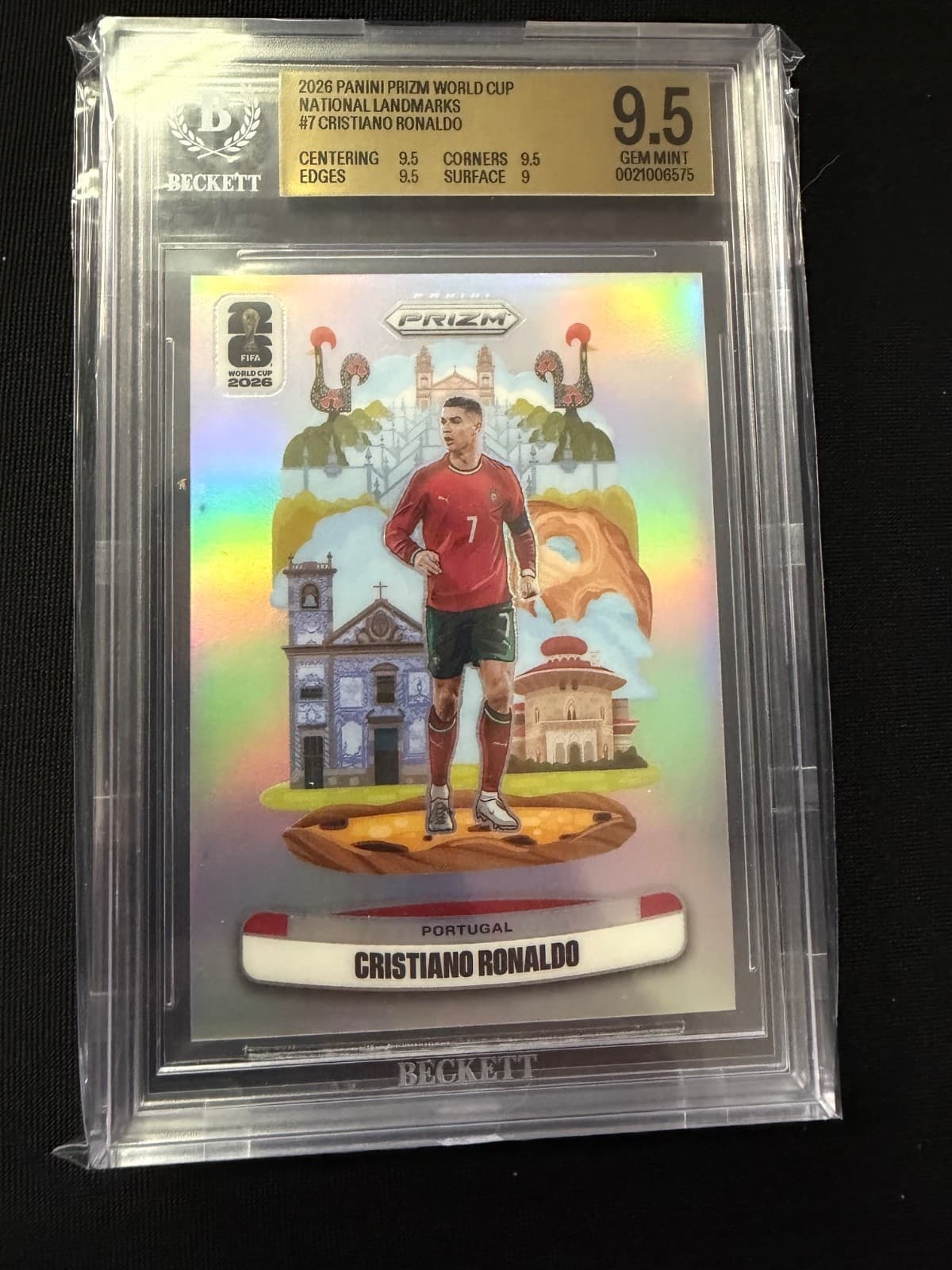 Cristiano Ronaldo 2026 Prizm World Cup National Landmarks Beckett 9.5