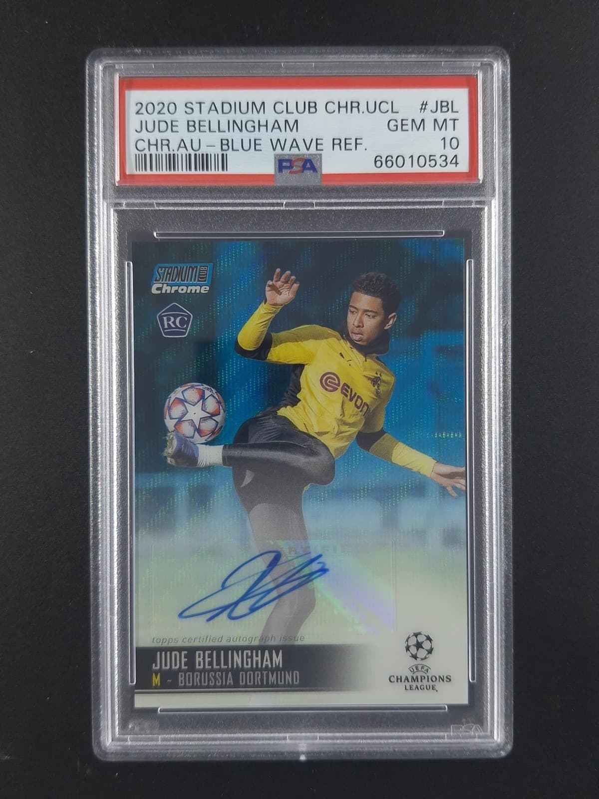 2020-21 Stadium Club Chrome JUDE BELLINGHAM 62/75 RC Auto Blue Wave Prizm PSA 10