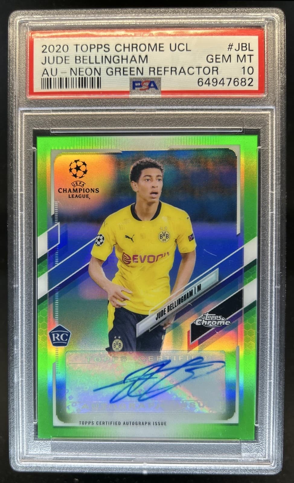 2020-21 Topps Chrome UEFA Jude Bellingham Auto RC Neon Green Rookie #/99 PSA 10