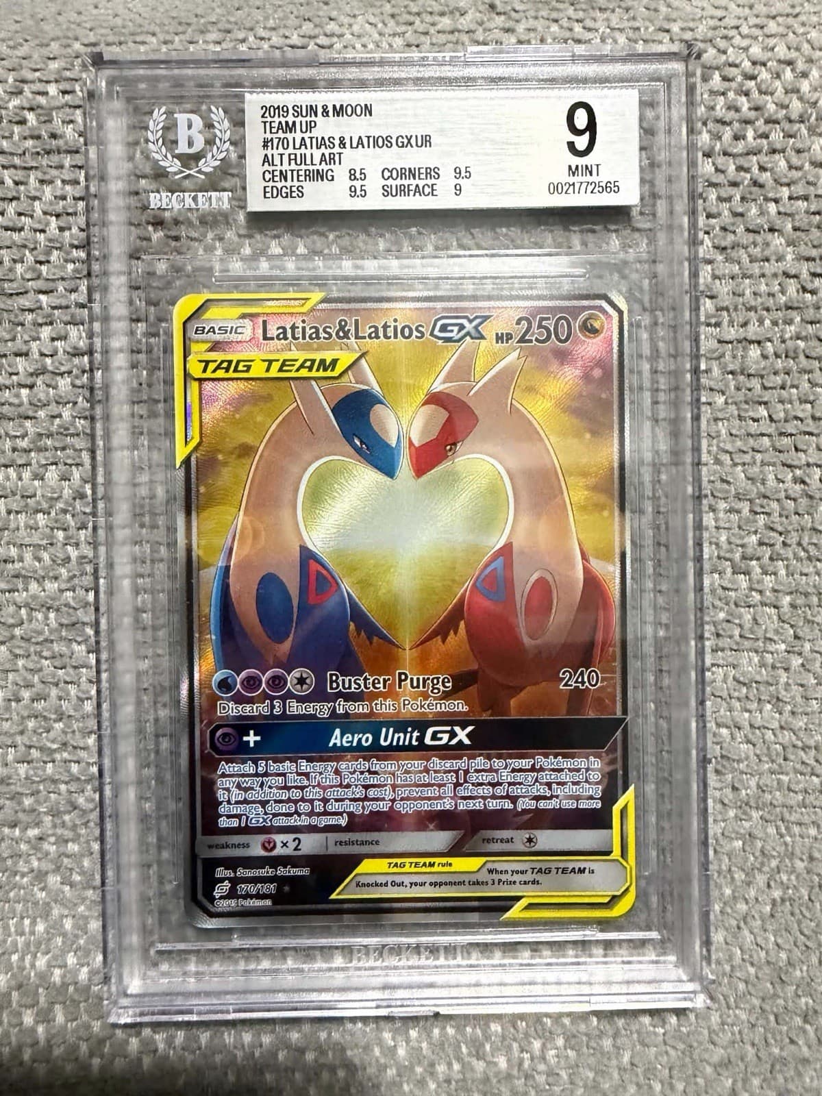 Pokemon 2019 Latias & Latios GX SM-Team Up 170/181 Alt Full Art Holo BGS 9
